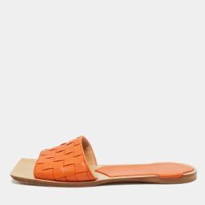Pre Owned Bottega Veneta Orange Intrecciato Leather Flat Slide Sandals Size 39.5