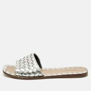 Pre Owned Bottega Veneta Silver Intrecciato Leather Flat Slides Size 36.5