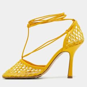 Pre Owned Bottega Veneta Yellow Leather And Mesh Ankle Wrap Pumps Size 37