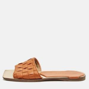 Pre Owned Bottega Veneta Orange Intrecciato Leather Flat Slide Sandals Size 36