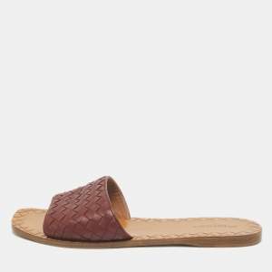 Pre Owned Bottega Veneta Burgundy Intrecciato Leather Flat Slides Size 40