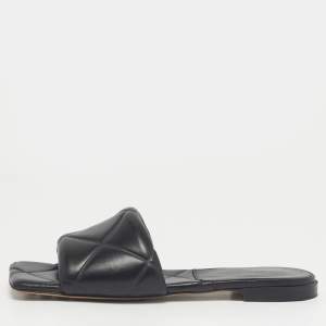 Pre Owned Bottega Veneta Black Leather Flat Slides Size 37