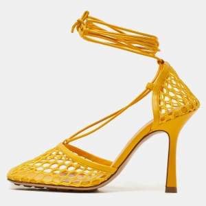 Pre Owned Bottega Veneta Yellow Leather and Mesh Stretch Ankle Tie Up Sandals Size 36