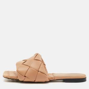 Pre Owned Bottega Veneta Beige Intrecciato Leather Lido Flat Sandals Size 40