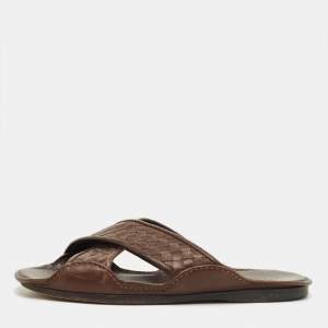 Pre Owned Bottega Veneta Brown Intrecciato Leather Crisscross Flat Slide Size 40