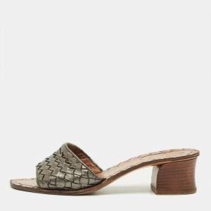 Pre Owned Bottega Veneta Metallic Woven Leather Intrecciato Slide Sandals Size 37