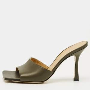 Pre Owned Bottega Veneta Olive Green Leather Lido Slide Sandals Size 36.5