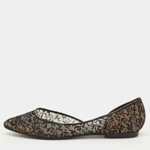 Pre Owned Bottega Veneta Size 38 Black Lace and Patent Leather D'orsay Ballet Flats
