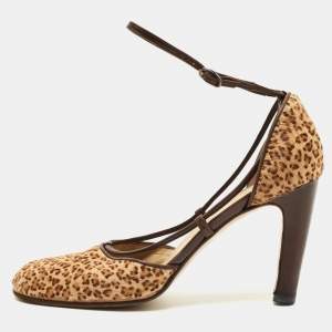 مملوكة مسبقًا Bottega Veneta Size 38.5 Beige/Brown Leopard Print Calf Hair Ankle Strap D'orsay Pumps