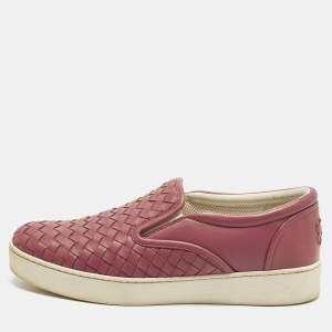 Pre Owned Bottega Veneta Size 37.5 Pink Intrecciato Leather Slip On Sneakers
