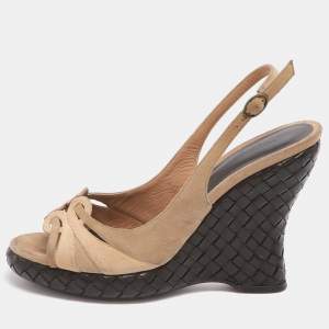 Pre Owned Bottega Veneta Wave Size 37 Beige Suede Intrecciato Wedge Sandals
