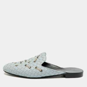 Pre Owned Bottega Veneta Fiandra Size 38.5 Grey Intrecciato Leather Flat Mules