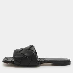 مملوكة مسبقًا Bottega Veneta Lido Size 38.5 Black Intrecciato Leather Flat Slides 