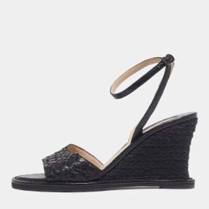 Pre Owned Bottega Veneta Size 39 Black Intrecciato Leather Wedge Sandals 