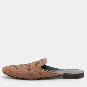 Pre Owned Bottega Veneta Fiandra Size 38.5 Peach Intrecciato Leather and Python Flat Mules