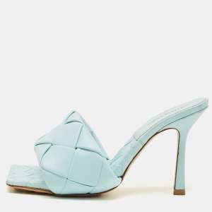 Pre Owned Bottega Veneta Lido Size 37.5 Blue Leather Slide Sandals