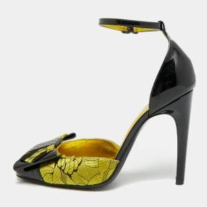 Pre Owned Bottega Veneta Size 36 Yellow/Black  Brocade Fabric And Patent Ankle Strap Pumps 