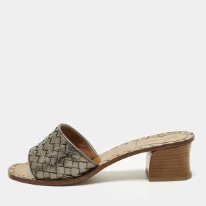 مملوكة مسبقًا Bottega Veneta Ravello Size 38 Metallic Intrecciato Leather Slide Sandals