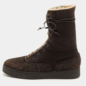 Pre Owned Bottega Veneta Intrecciato Size 39 Dark Brown Suede Shearling Lace Up Ankle Length Boots