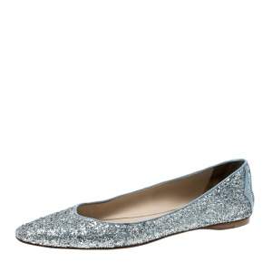 Pre Owned Bottega Veneta Metallic Silver Glitter Intrecciato Leather Trim Pointed Toe Ballet Flats Size 39
