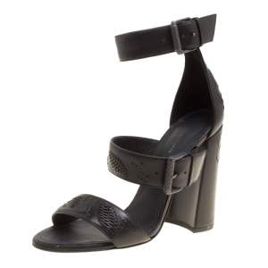 Bottega Veneta Black Leather Embroidery Stitch Detail Block Heel Ankle Strap Sandals Size 37.5