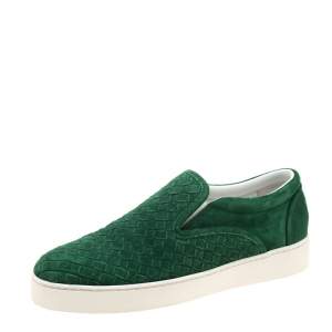 Pre Owned Bottega Veneta Green Intrecciato Suede Slip On Sneakers Size 39