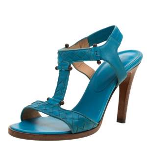 Bottega Veneta Blue Intrecciato Leather T Strap Sandals Size 37