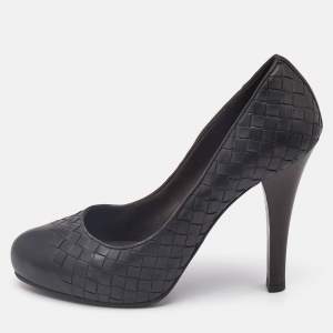 Bottega Veneta Black Leather Intrecciato Detail Platform Pumps Size 39.5