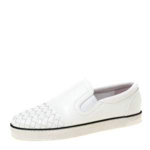 Pre Owned Bottega Veneta White Intrecciato Leather Dodger Slip On Sneakers Size 37.5
