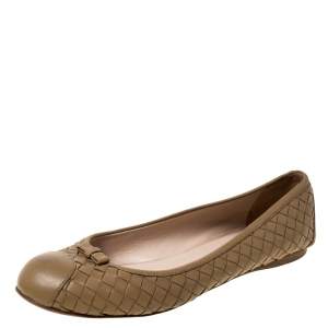 Pre Owned Bottega Veneta Beige Intrecciato Leather Bow Ballet Flats Size 37