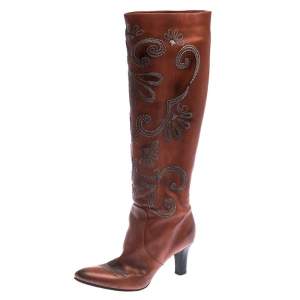 Pre Owned Bottega Veneta Cognac Embroidered Leather Knee Length Boots Size 39