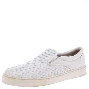 Pre Owned Bottega Veneta White Intrecciato Leather Slip-On Sneakers Size 42