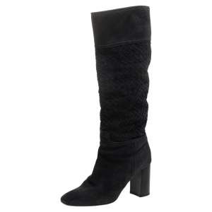 Pre Owned Bottega Veneta Navy Blue Suede Intrecciato Block Heel Knee Boots Size 38