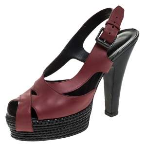 Pre Owned Bottega Veneta Burgundy Leather Peep Toe Platform Slingback Sandals Size 39