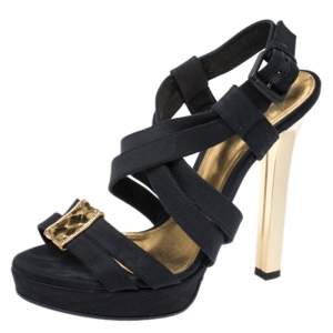 Pre Owned Bottega Veneta Black Fabric And Gold Intrecciato Trim Criss Cross Platform Sandals Size 38