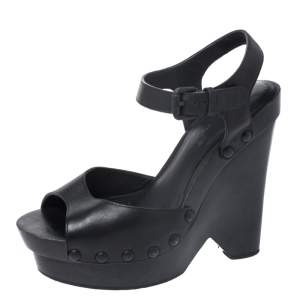 مملوكة مسبقًا Bottega Veneta Black Leather Open Toe Ankle Strap Wedge Sandals Size 37.5