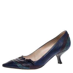 Pre Owned Bottega Veneta Blue Lizard Kitten Heel Pumps Size 39