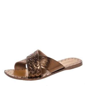 Pre Owned Bottega Veneta Metallic Bronze Intrecciato Leather Cross Strap Flats Size 37  