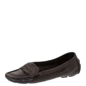 Pre Owned Bottega Veneta Brown Leather Intrecciato Trim Slip On Loafers Size 39