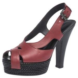 Pre Owned Bottega Veneta Burgundy Leather Peep Toe Platform Slingback Sandals Size 37