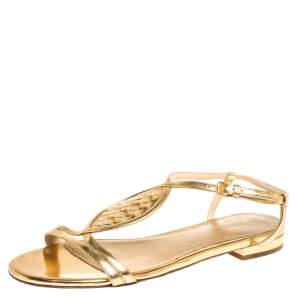 Pre Owned Bottega Veneta Metallic Gold Intrecciato Leather Ankle Strap Flat Sandals Size 39.5