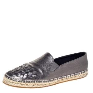 Pre Owned Bottega Veneta Metallic Gunmetal Intrecciato Leather Espadrille Flats Size 38