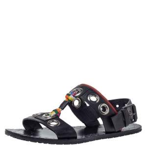 Pre Owned Bottega Veneta Black Leather Grommet Slingback Flat Sandals Size 36