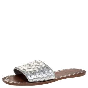 Pre Owned Bottega Veneta Metallic Silver Leather Intrecciato Flat Slides Size 40