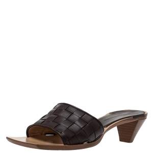 Pre Owned Bottega Veneta Brown Intrecciato Leather Open Toe Sandals Size 38