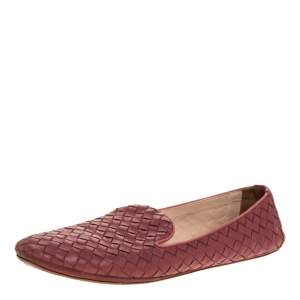 Pre Owned Bottega Veneta Dark Pink Intrecciato Leather Smoking Slippers Size 39