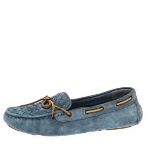 Pre Owned Bottega Veneta Blue Intrecciato Suede And Brown Leather Trim Bow Loafers Size 38