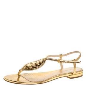 Pre Owned Bottega Veneta Metallic Gold Intrecciato Leather Ankle Strap Flat Sandals Size 39