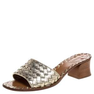 Pre Owned Bottega Veneta Gold Leather Block Heel Slide Sandals Size 39.5