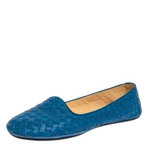 Pre Owned Bottega Veneta Blue Intrecciato Leather Ballet Flats Size 38.5